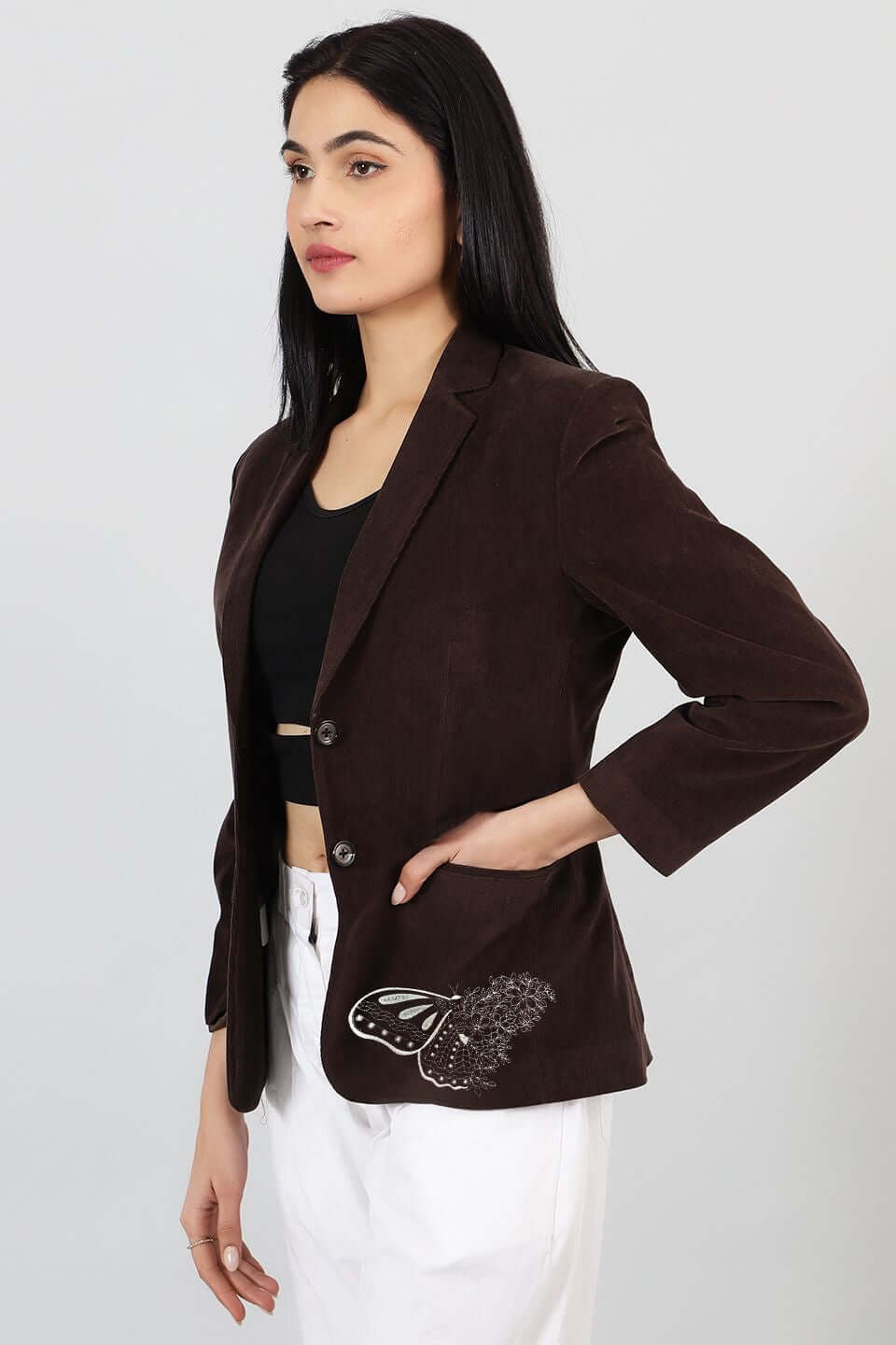Corduroy Cotton Brown Embroidery Blazer
