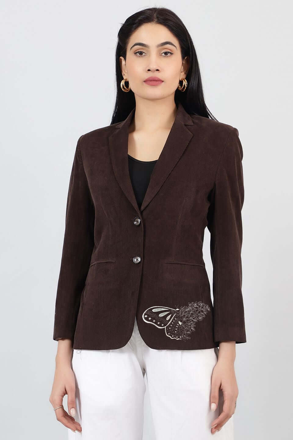 Corduroy Cotton Brown Embroidery Blazer