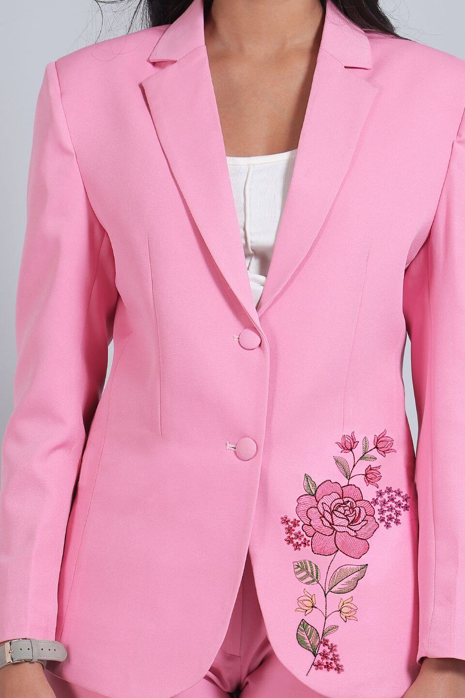 Pink Floral Embroidered Blazer