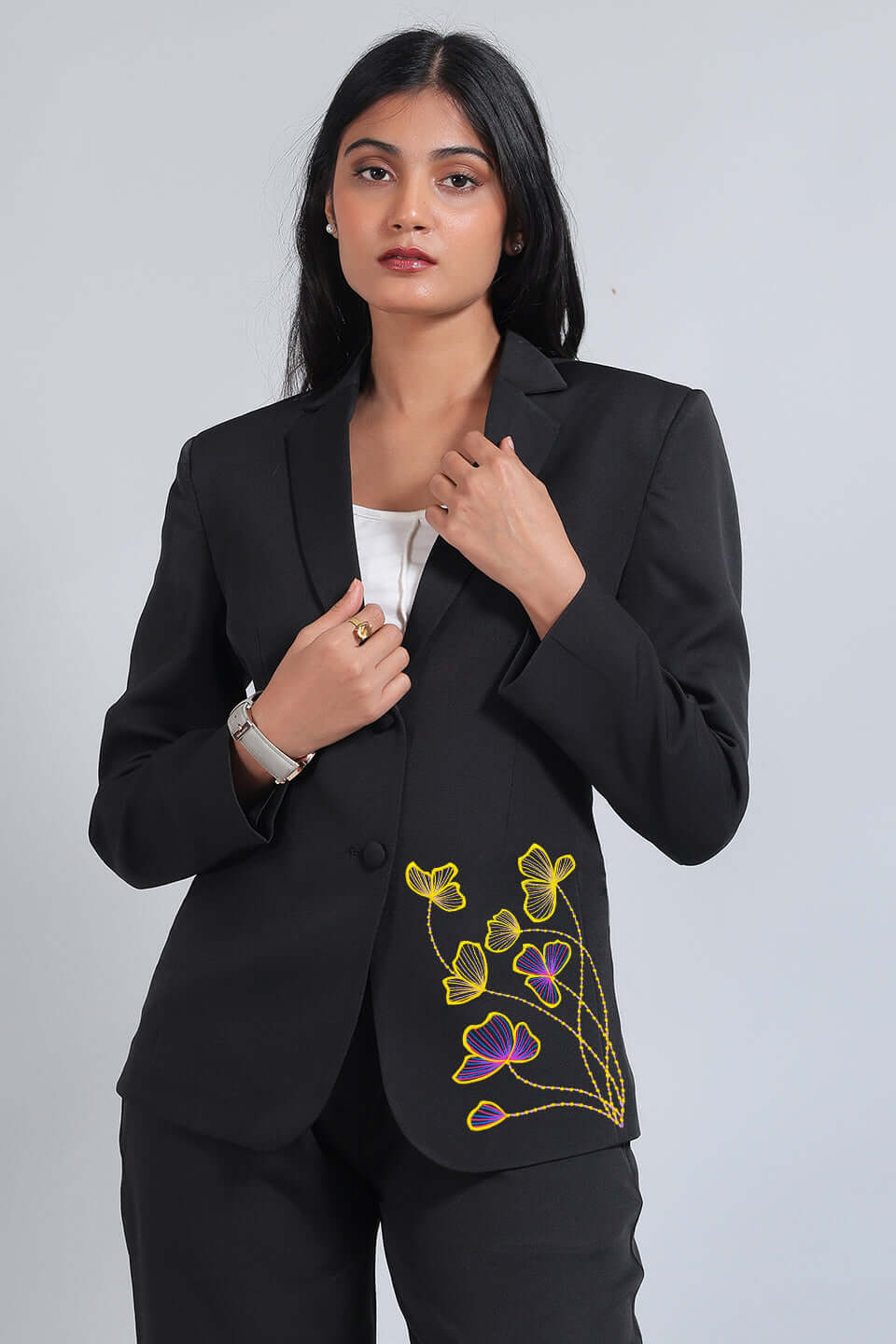 Polyester Cotton Black Blazer with Floral Embroidery