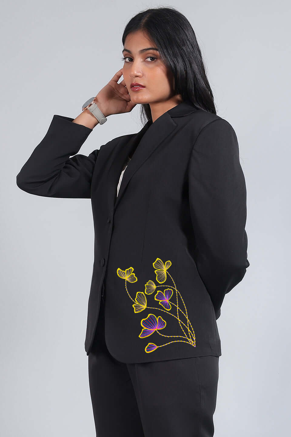 Polyester Cotton Black Blazer with Floral Embroidery