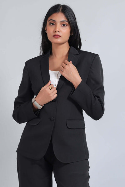 Polyester Cotton Black Blazer with Floral Embroidery