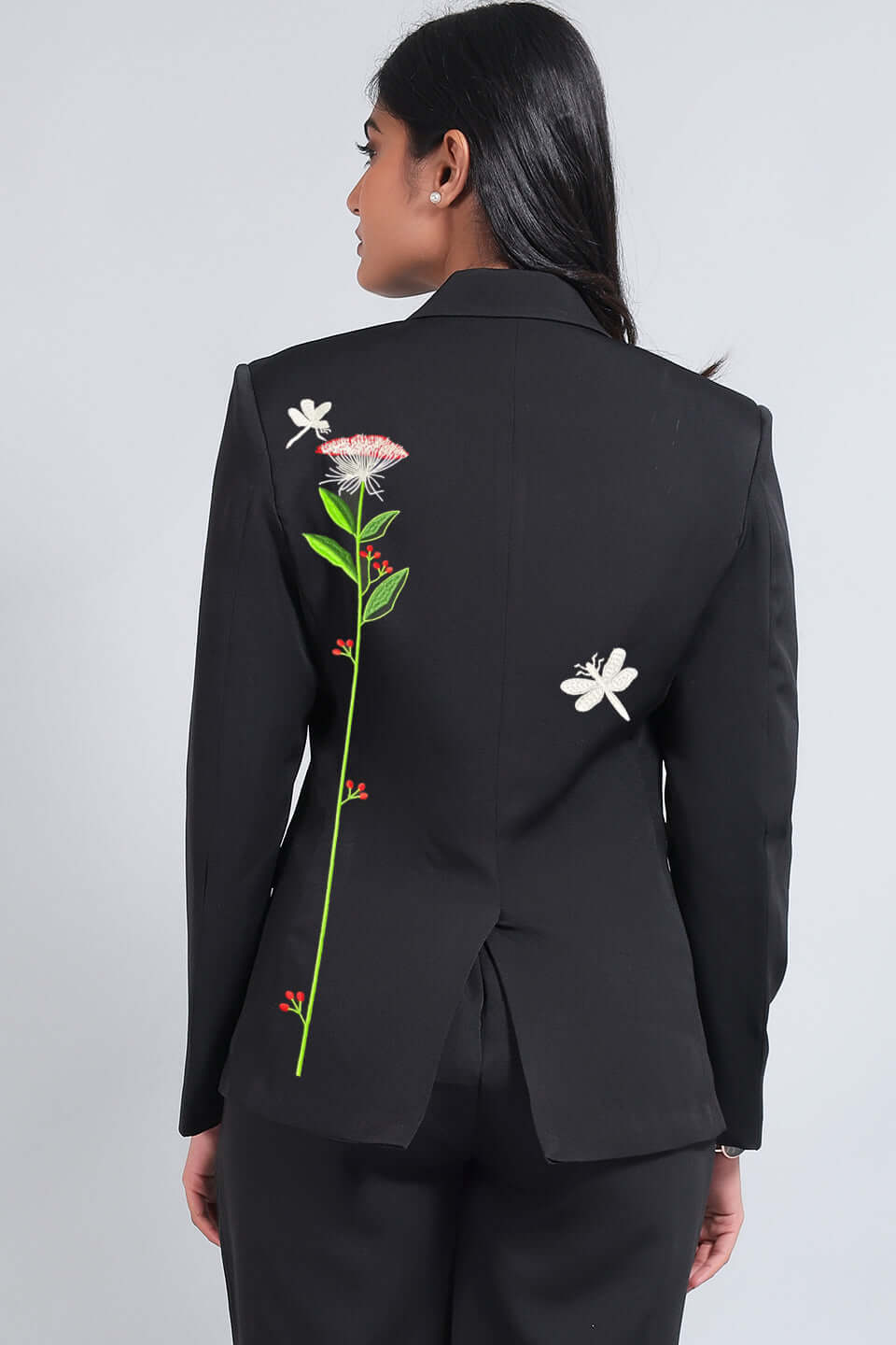 Polyester Cotton Black Blazer with Floral Embroidery