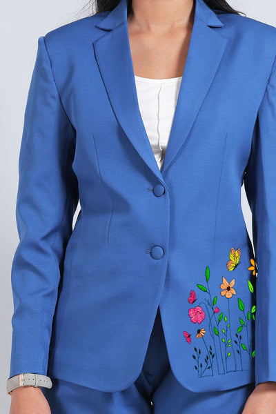 Blue Floral Embroidered Blazer