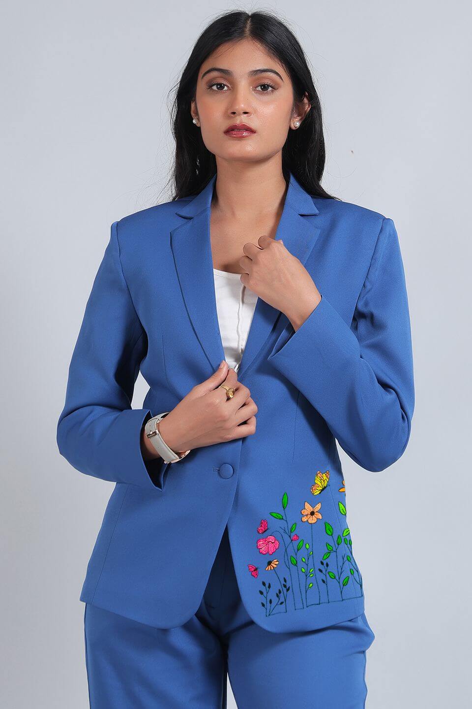 Blue Floral Embroidered Blazer