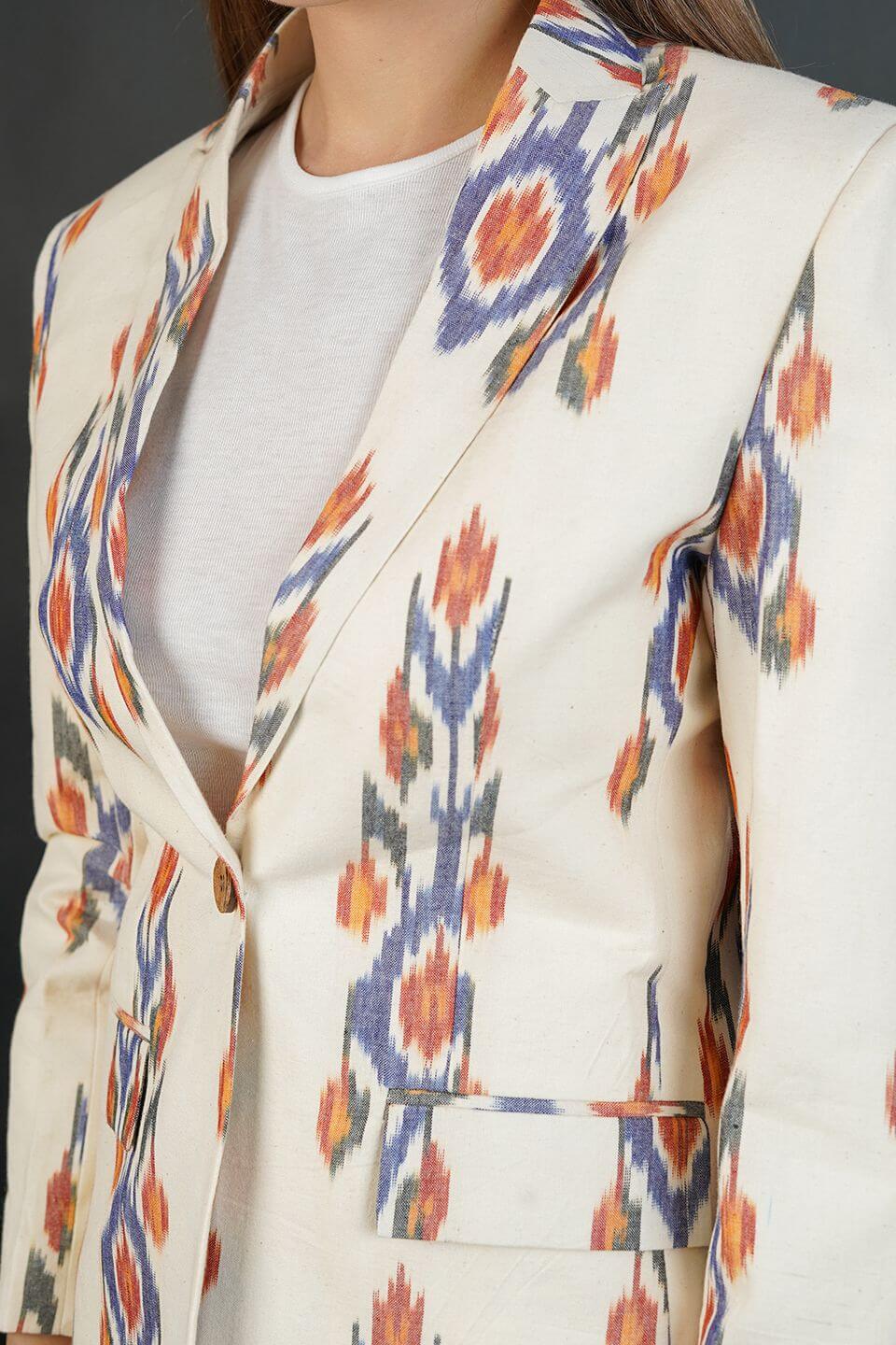 Ikat Cotton White Blazer