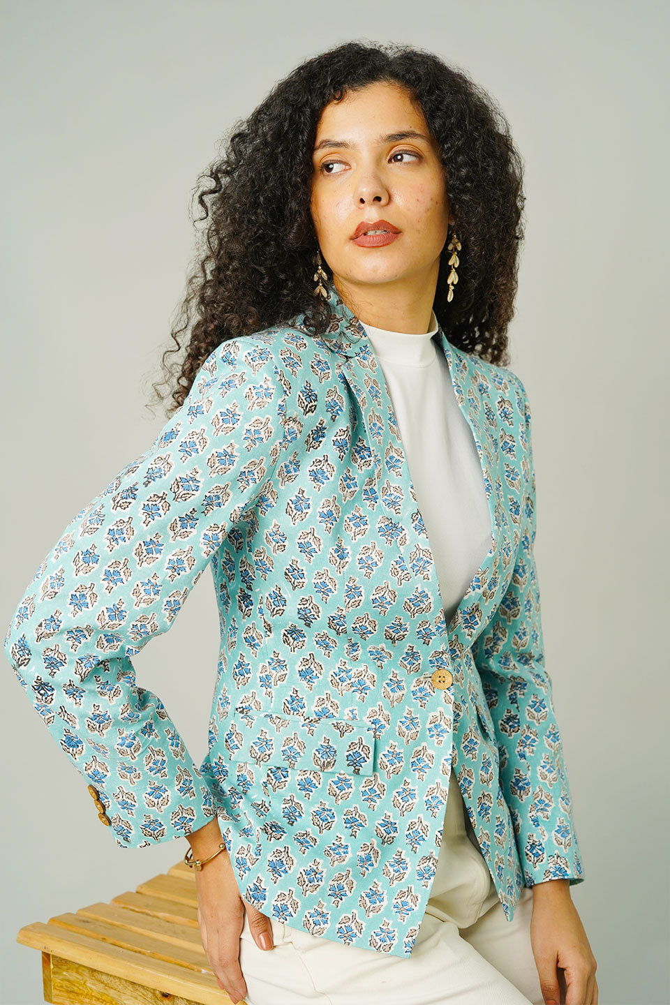 Blue Blockprint Cotton Blazer