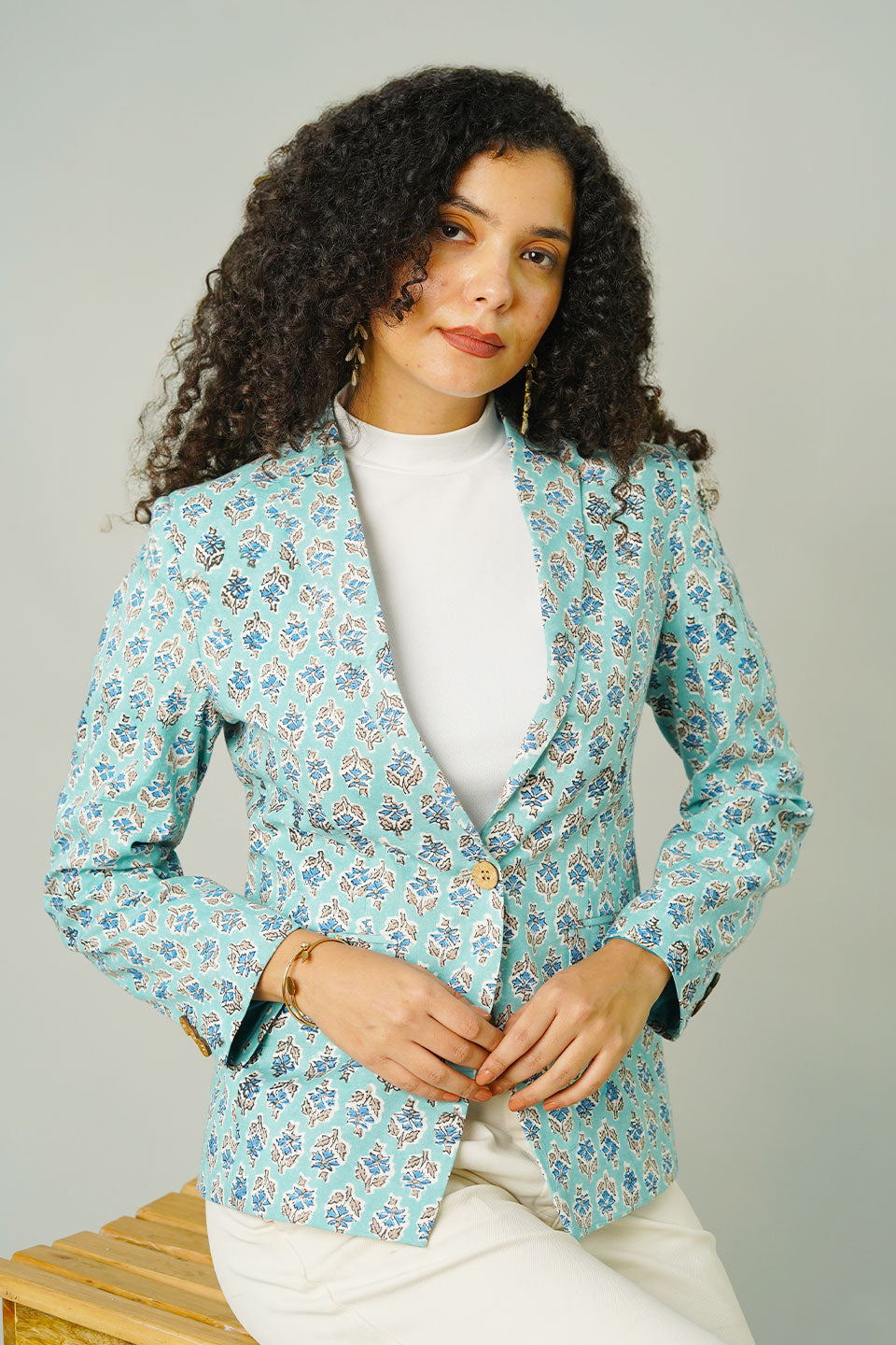Blue Blockprint Cotton Blazer