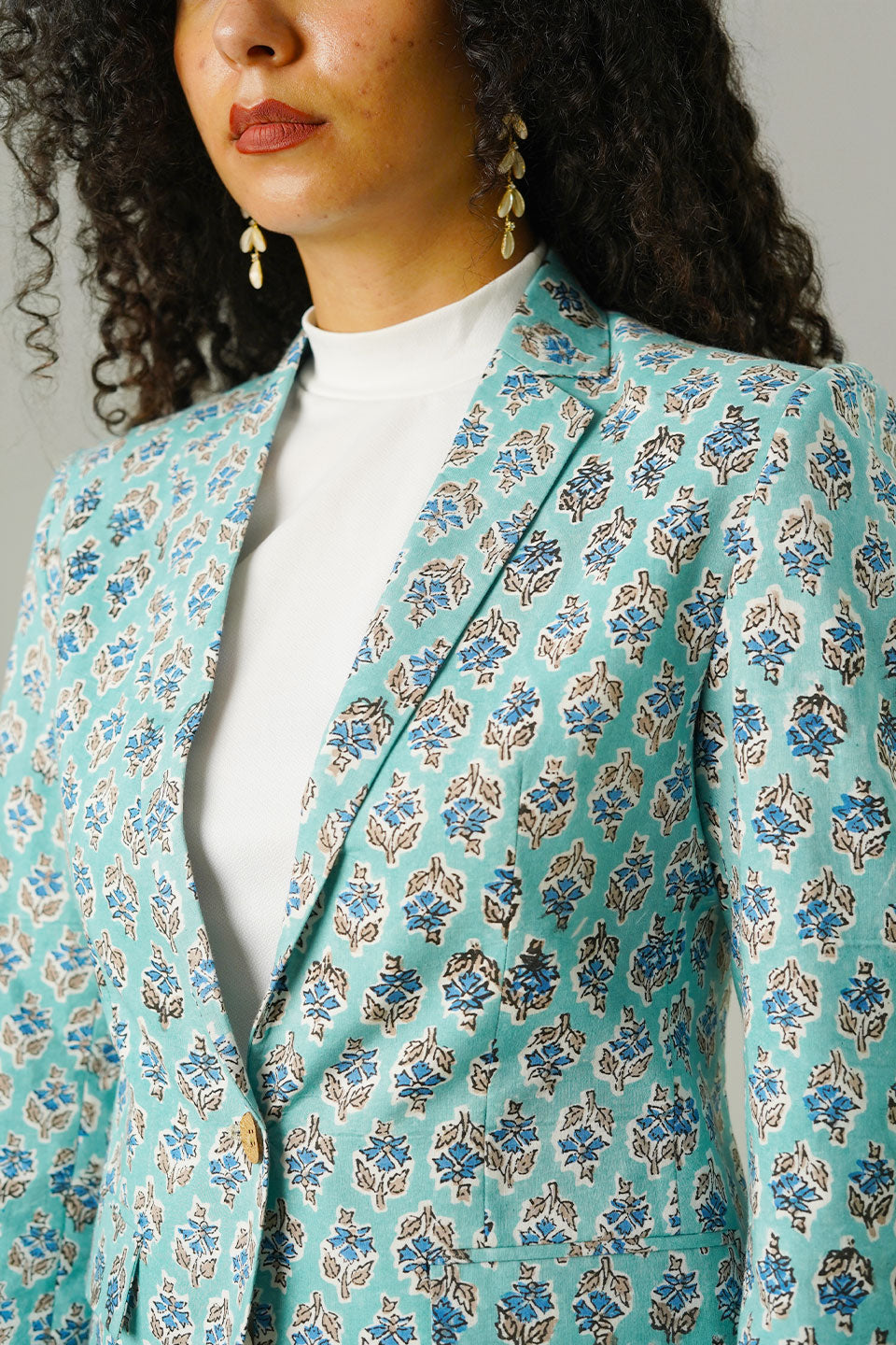 Blue Blockprint Cotton Blazer