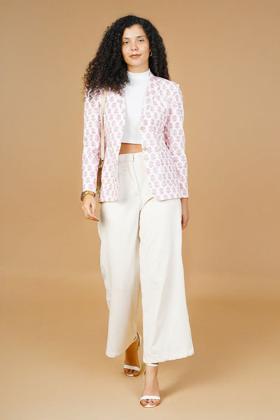 White  BlockPrint Cotton Blazer