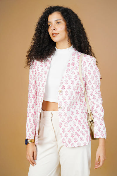 White  BlockPrint Cotton Blazer