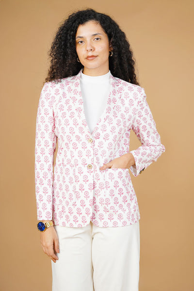 White  BlockPrint Cotton Blazer