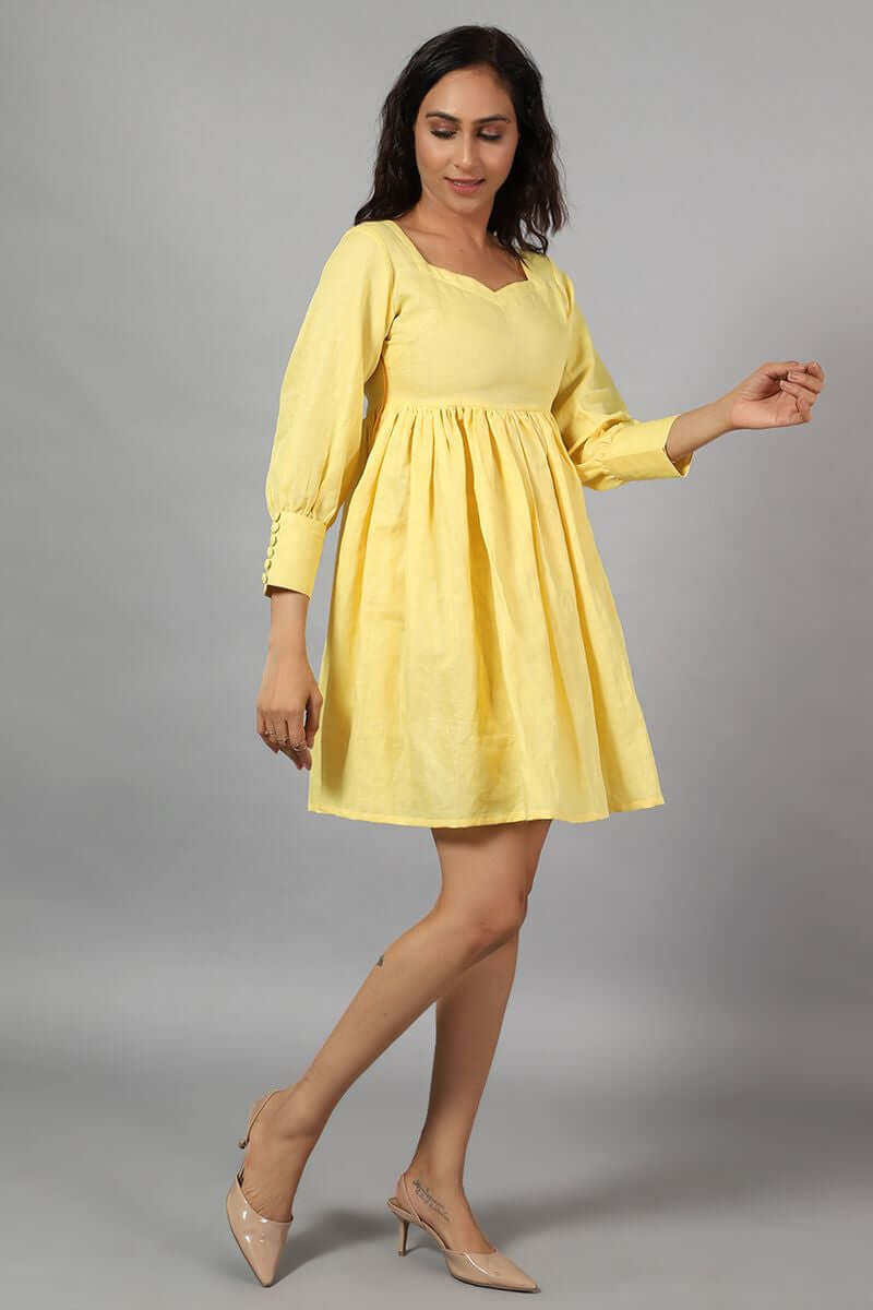 Cotton Linen Mini Yellow Dress