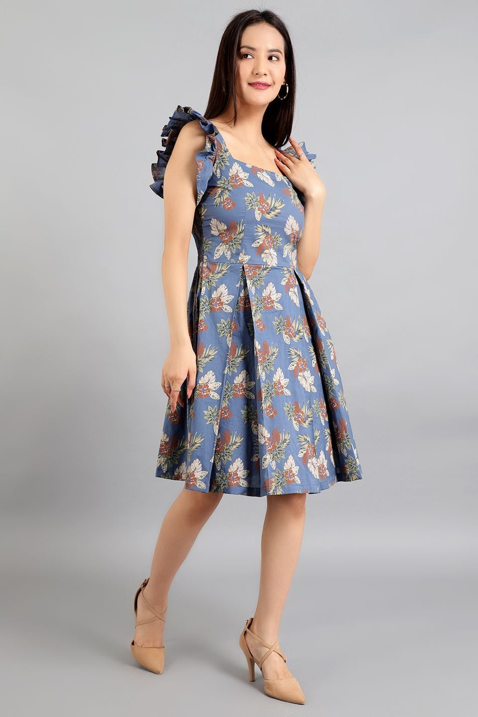 Robe mi-longue en coton bleu