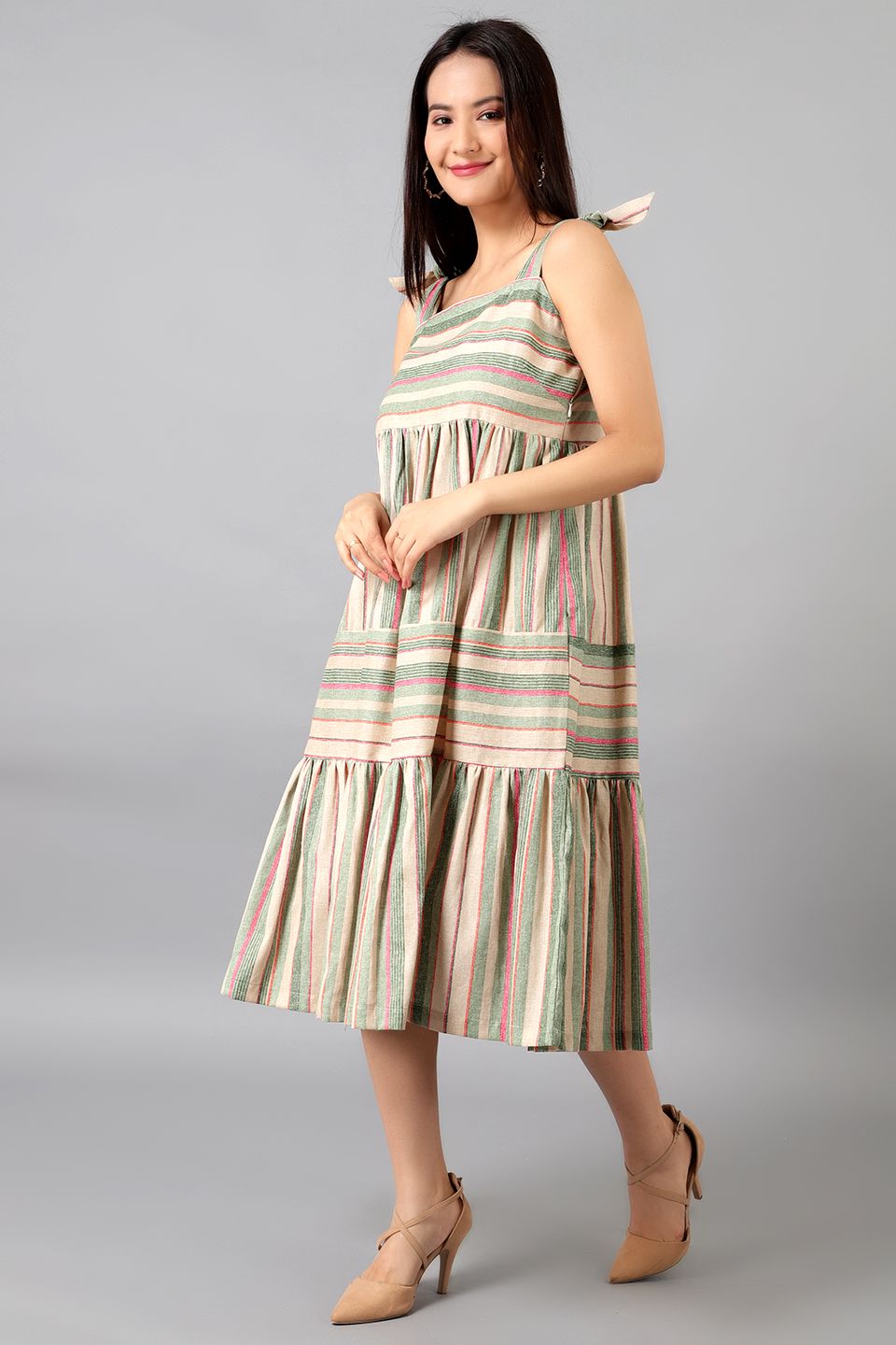 Robe mi-longue multicolore en coton et lin