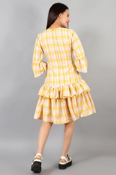 Robe mi-longue jaune en coton et lin