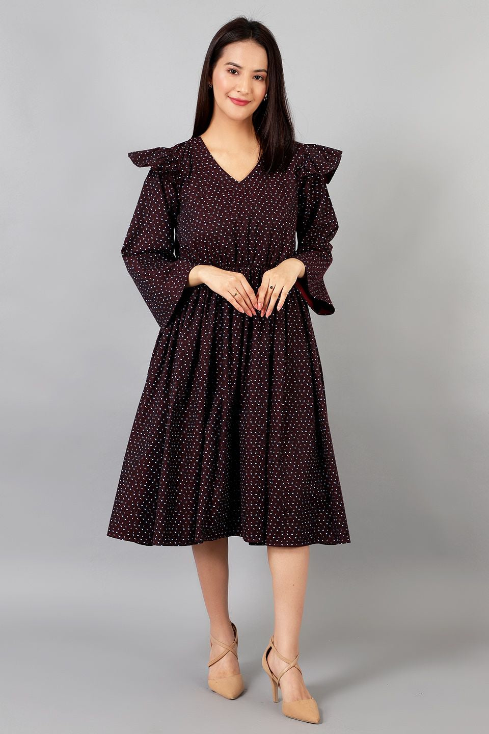 Robe mi-longue en coton marron