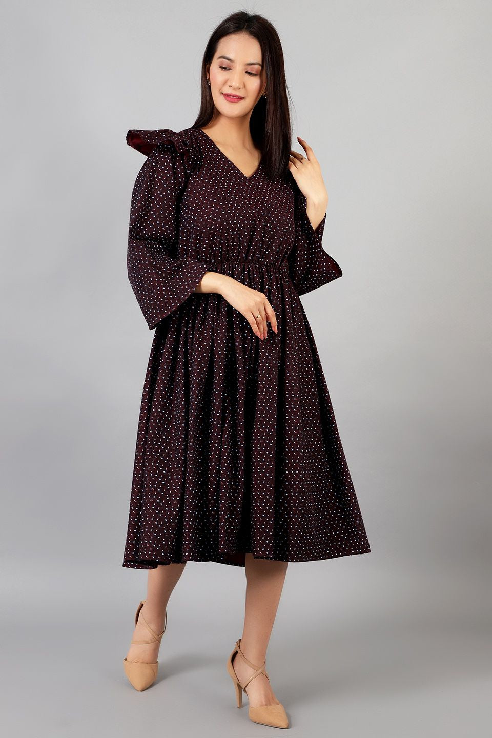 Robe mi-longue en coton marron