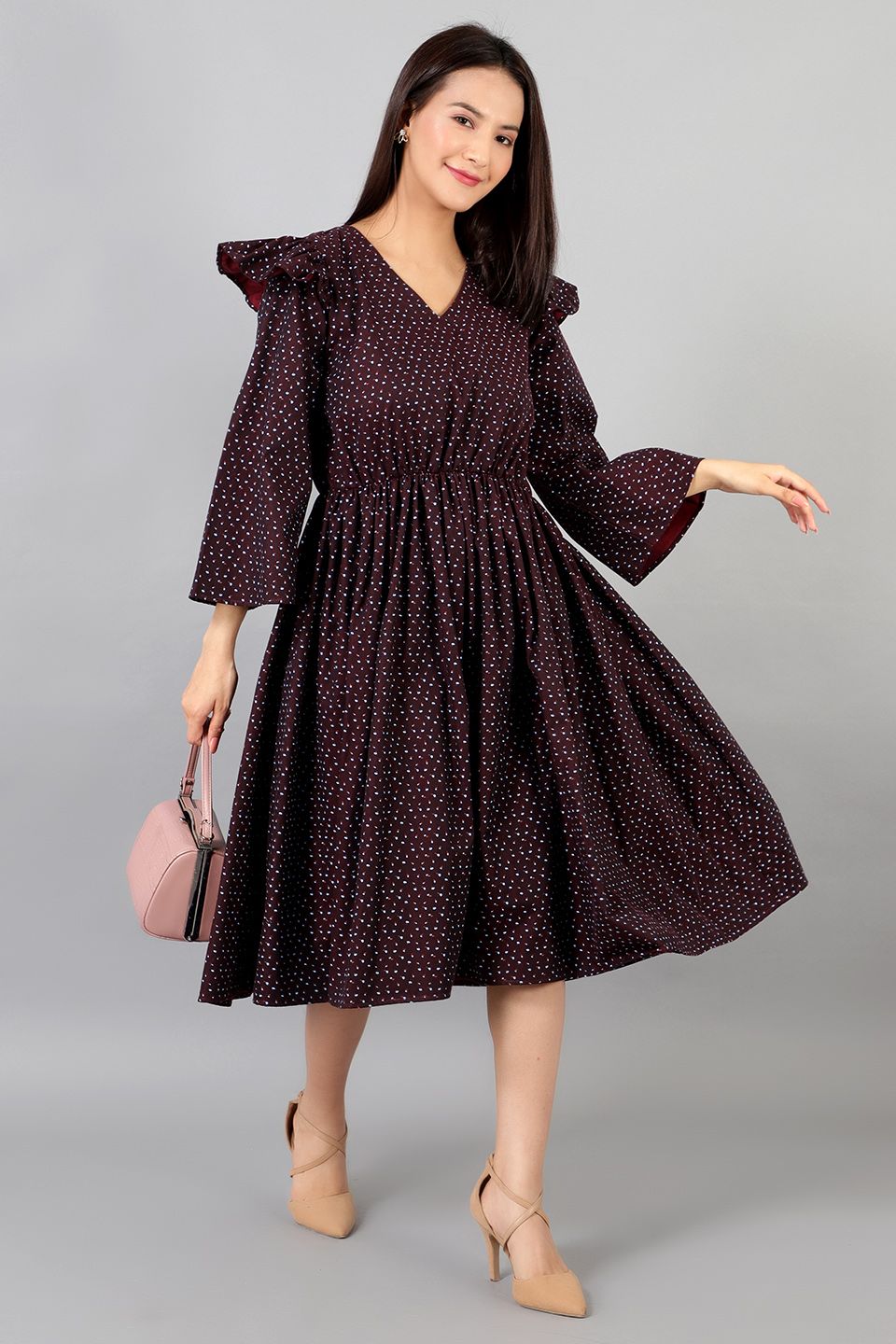 Robe mi-longue en coton marron