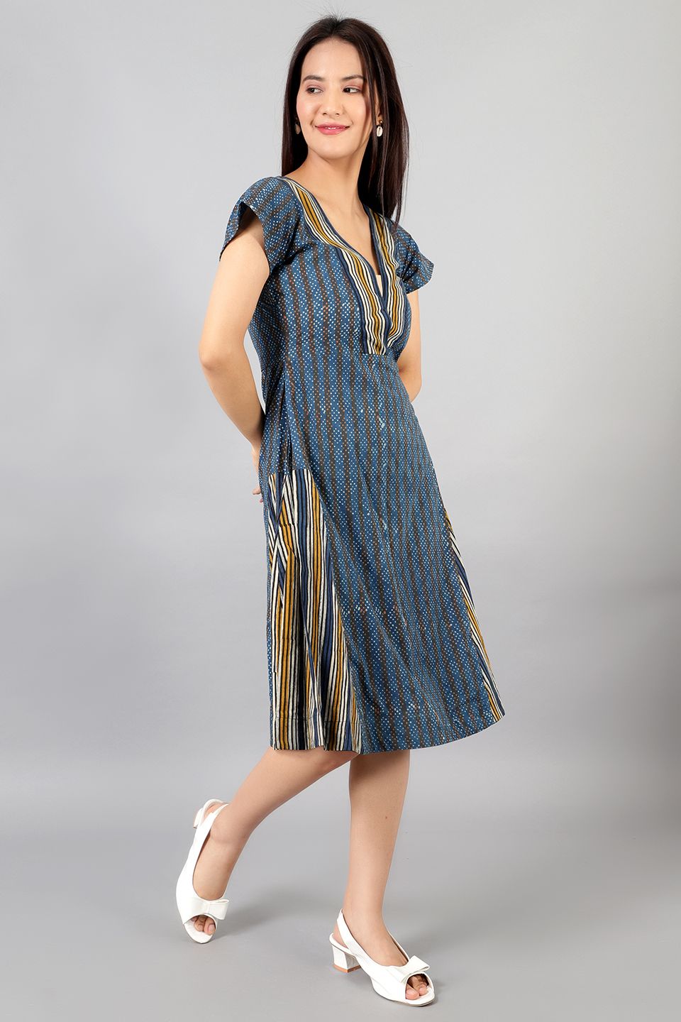 Robe mi-longue bleue Bagru