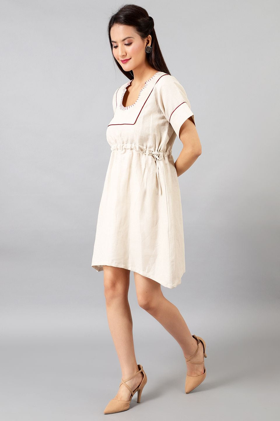 Cotton Linen Midi Beige Dress