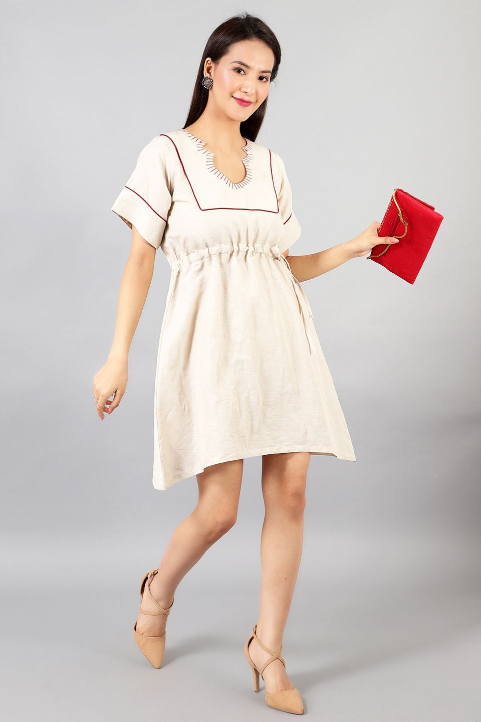 Cotton Linen Midi Beige Dress