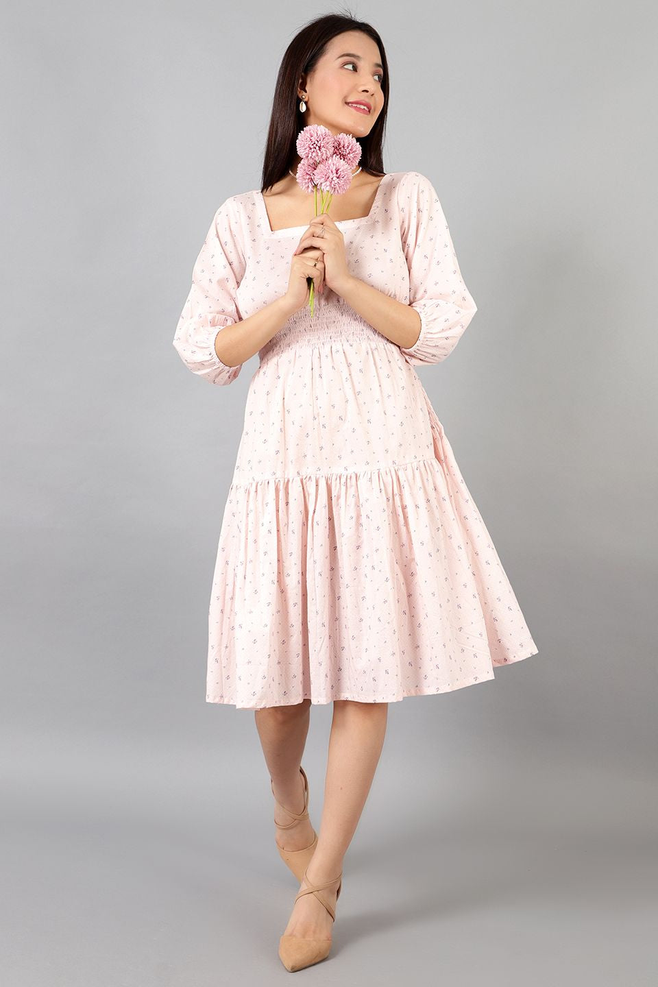 Robe mi-longue en coton rose