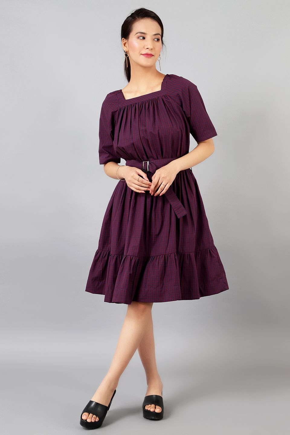 Baumwoll Midi Purple Kleid