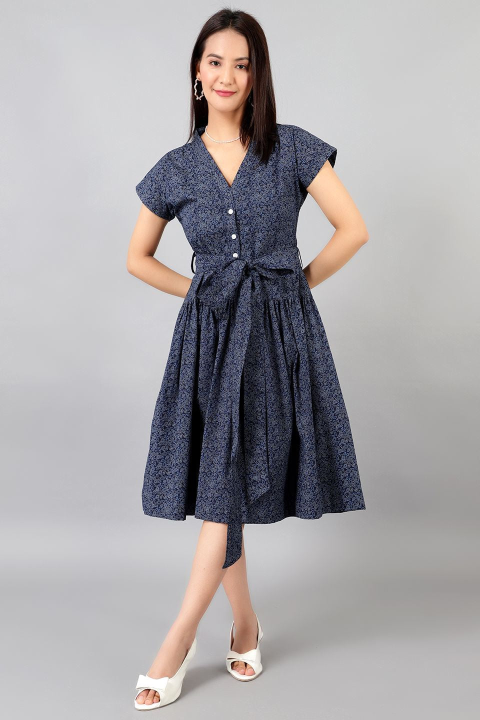 Robe mi-longue en coton bleu