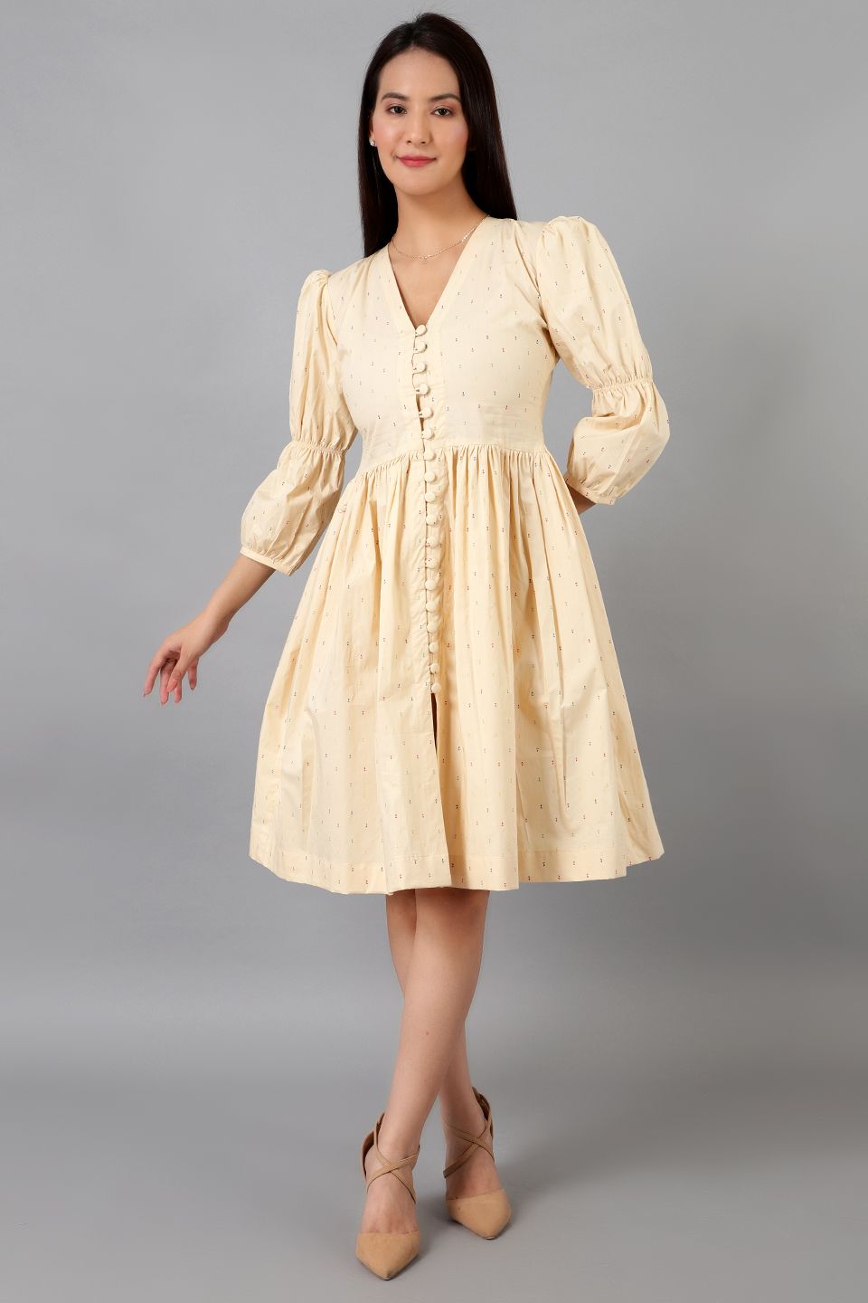 Robe mi-longue en coton beige