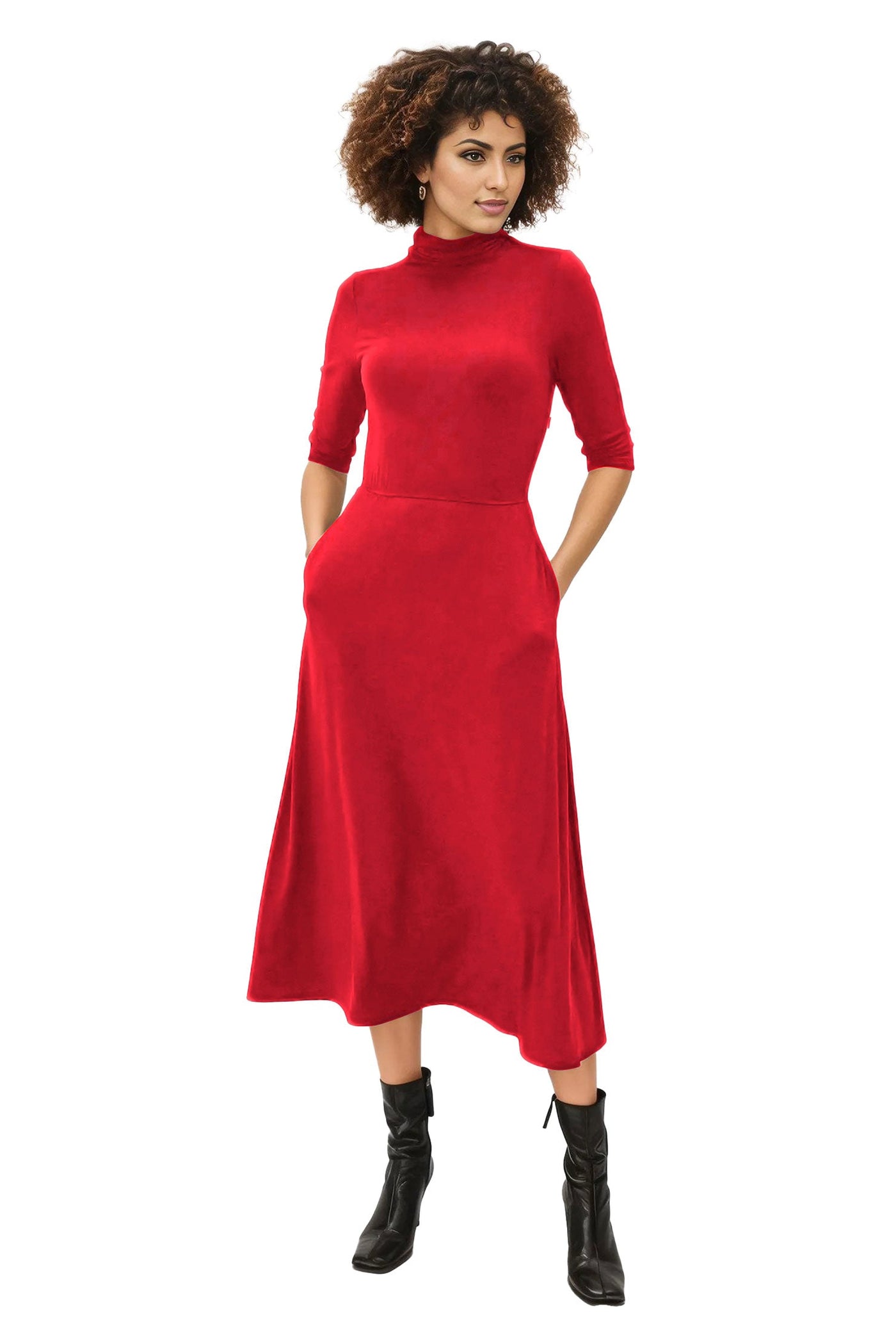 High Neck Jersey Knit A-Line Dress