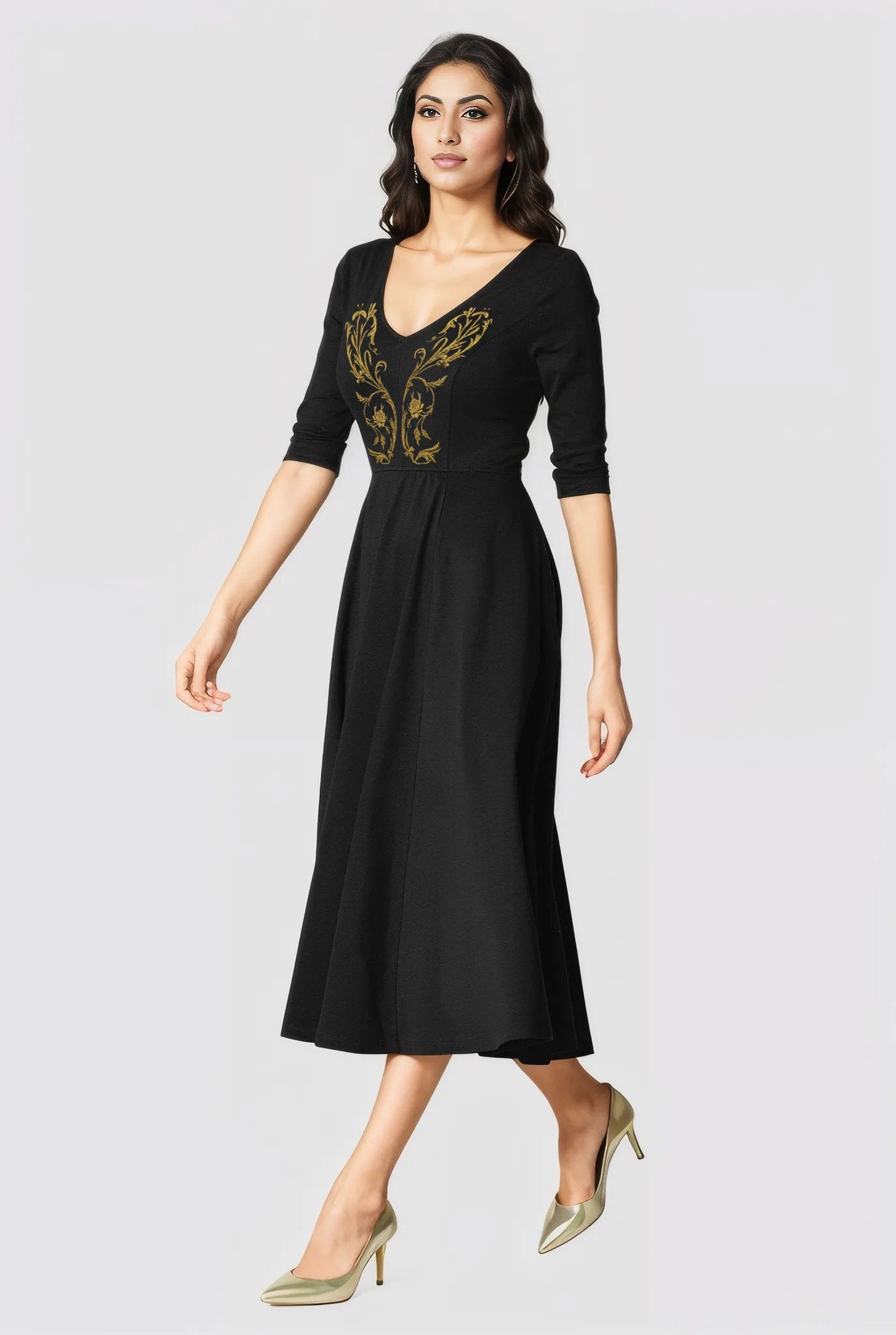 Cotton Jersey Fit And Flare Embroidery Dress