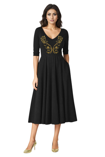 Cotton Jersey Fit And Flare Embroidery Dress