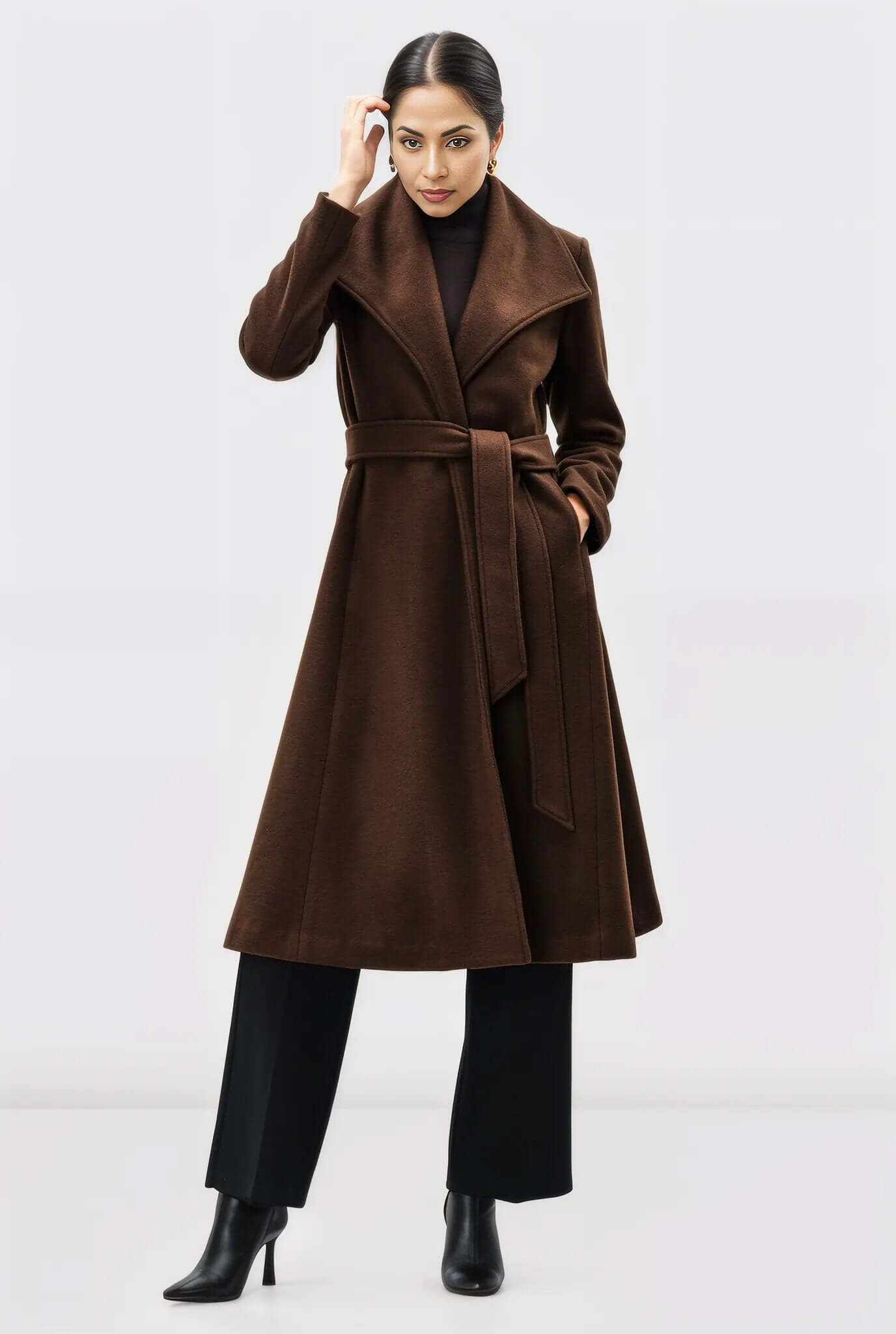 Melton-Look Wool Blend Sash-Tie Coat