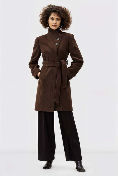 Envelope Collar Melton-Look Wool Blend Sash-Tie Coat