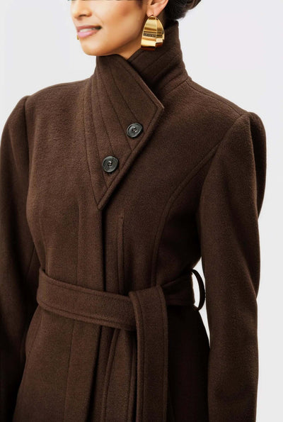 Envelope Collar Melton-Look Wool Blend Sash-Tie Coat