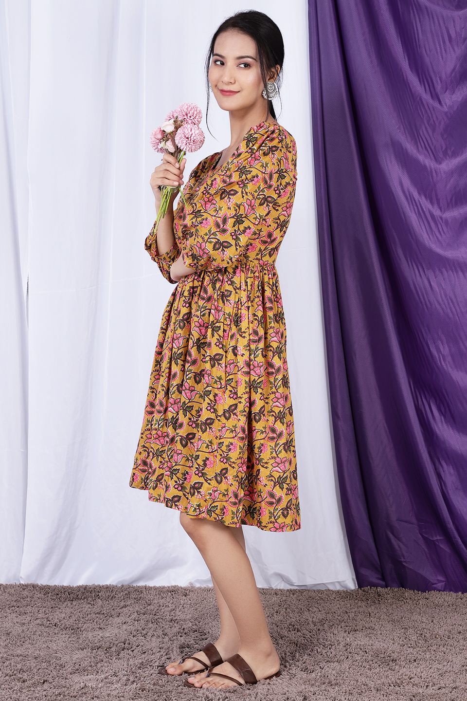 Bagru Jaipur Cotton  Multicolored Midi Dress 