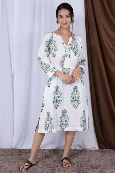 Bagru Jaipur Cotton  White Midi Dress 