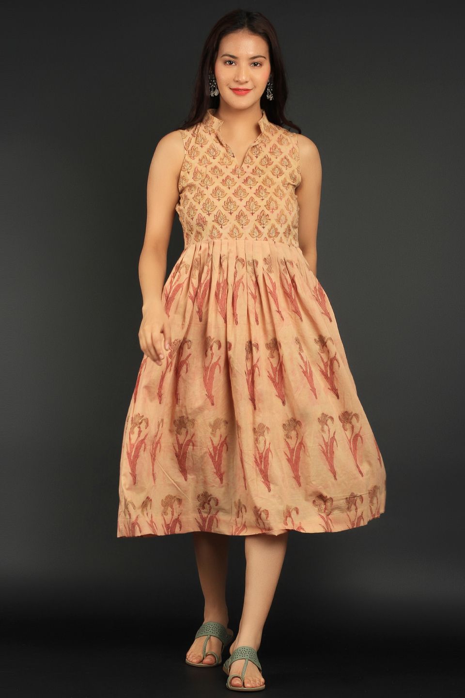 Bagru Pink Cotton Midi Dress
