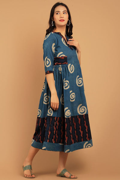 Bagru Blue Cotton Midi Dress
