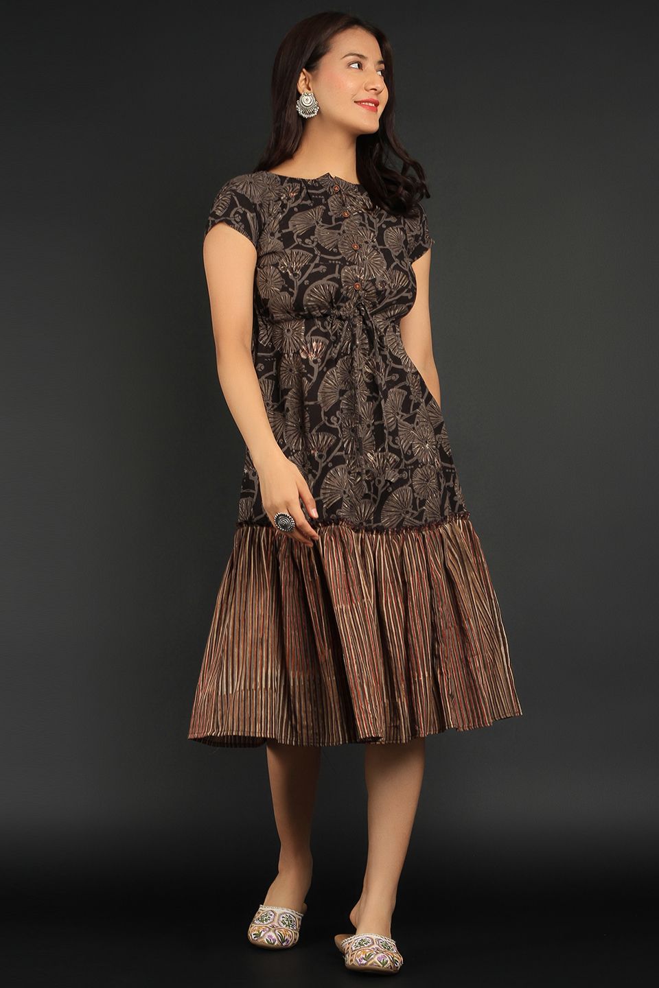 Bagru Brown Cotton Midi Dress