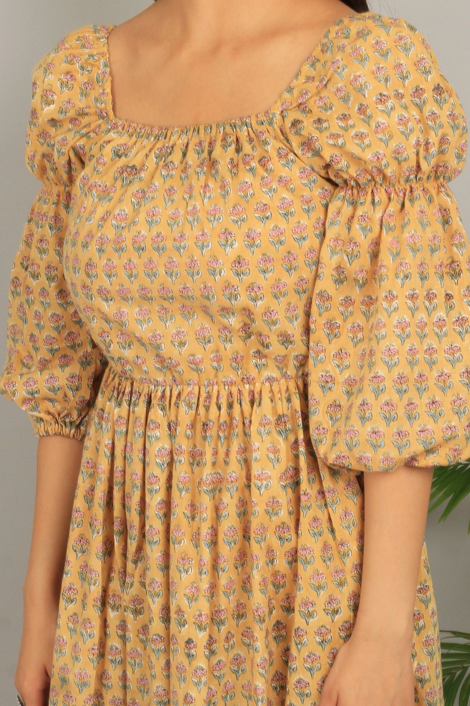 Bagru Yellow Cotton Mini Dress
