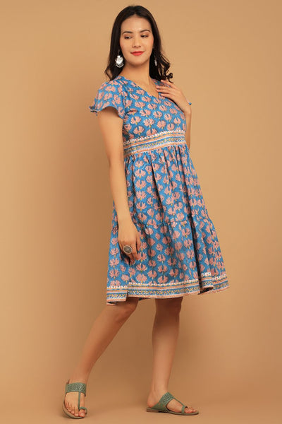 Bagru Blue Cotton Mini Dress