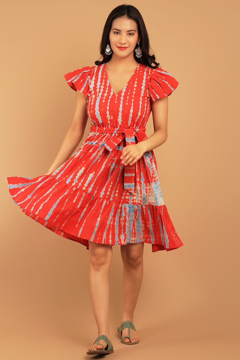 Bagru Red Cotton Mini Dress