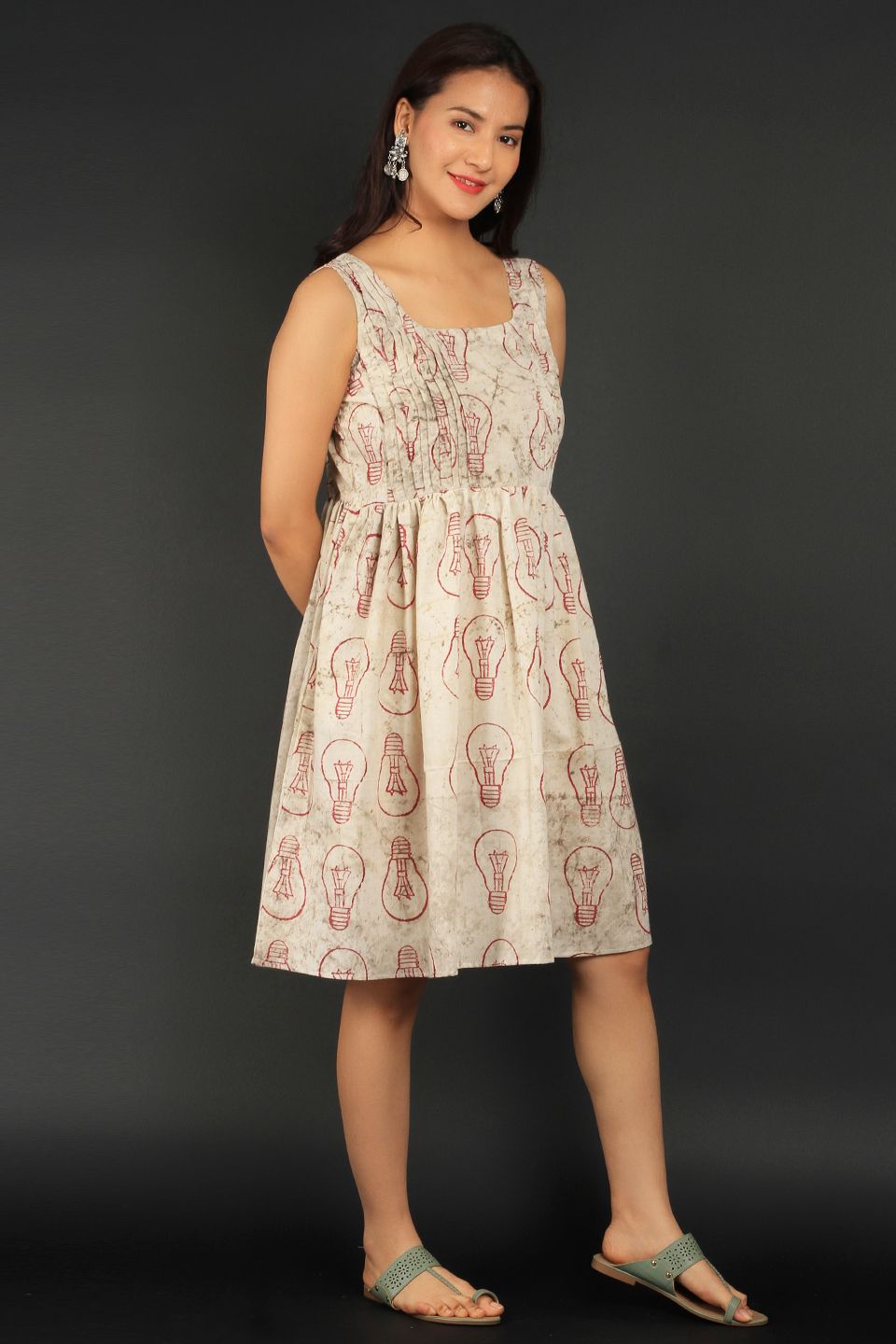 Bagru Beige Cotton Mini Dress