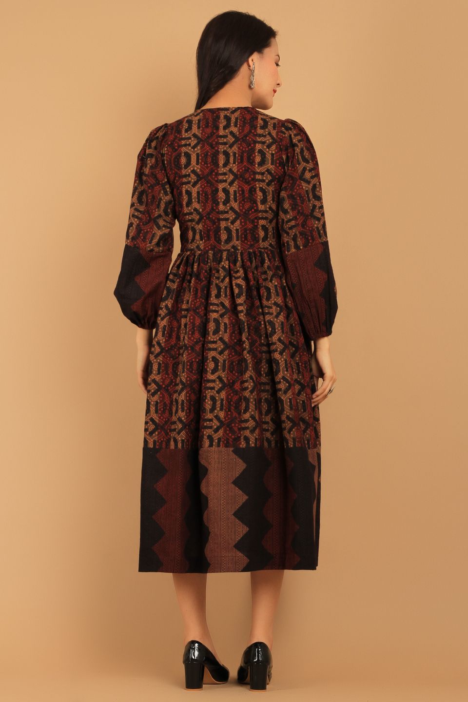 Bagru Brown Cotton Midi Dress
