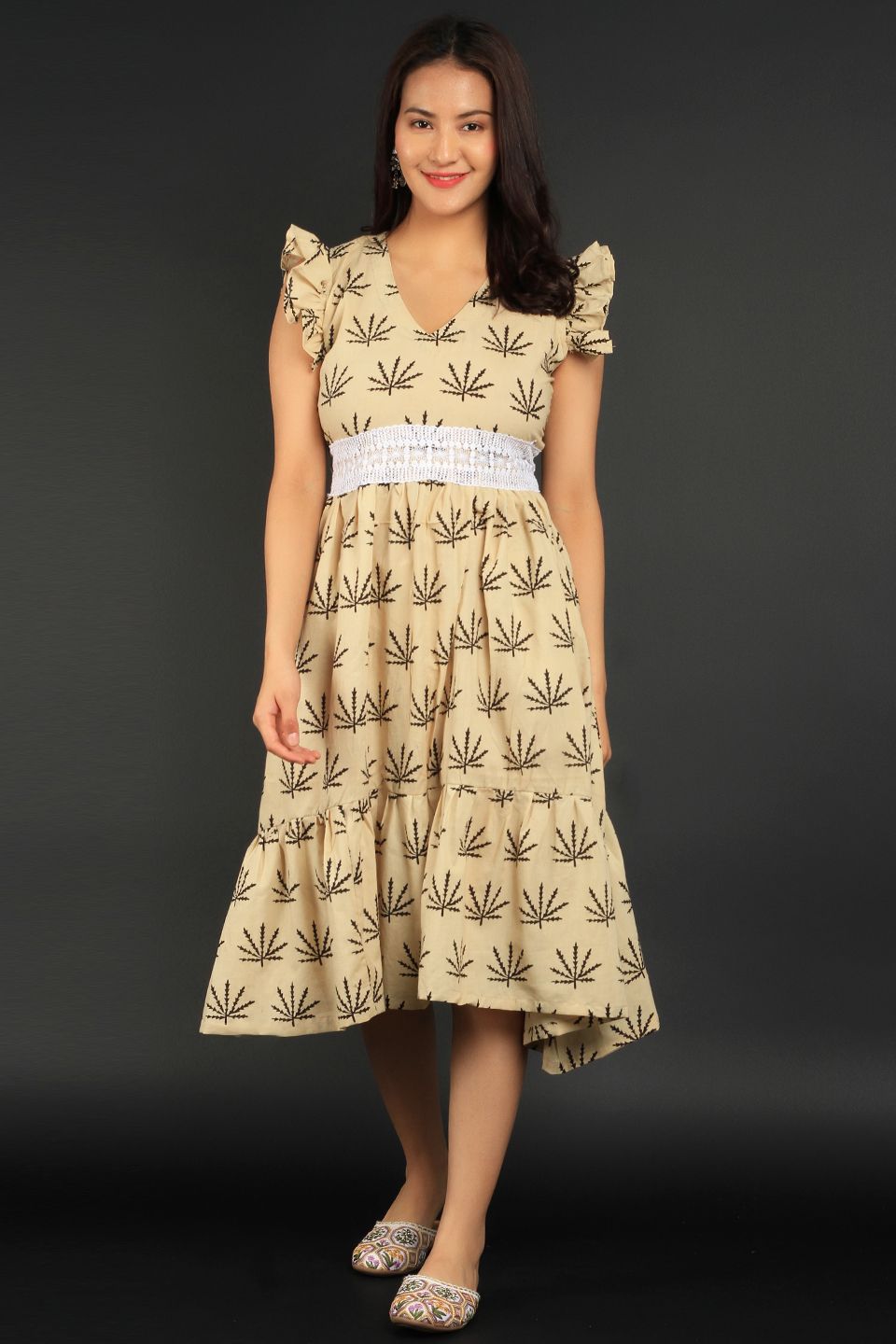 Bagru Beige Cotton Midi Dress